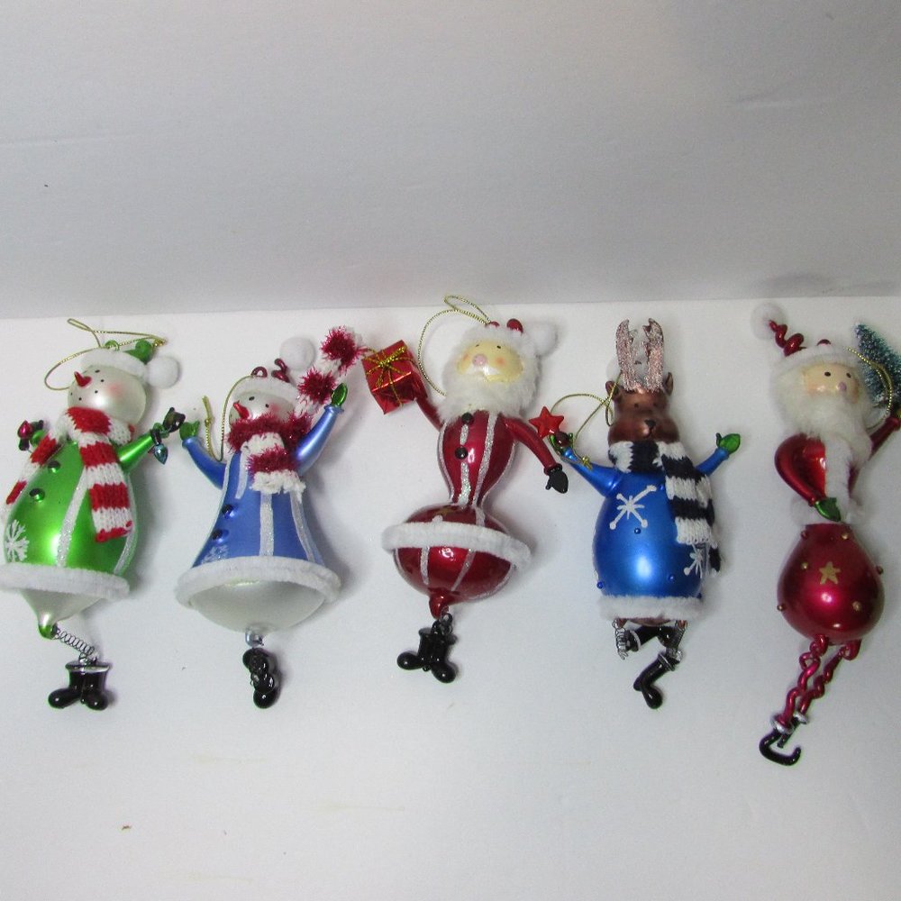 lot of Christmas glass ornaments Santa Reindeer Snowman dangling legs whimsical
